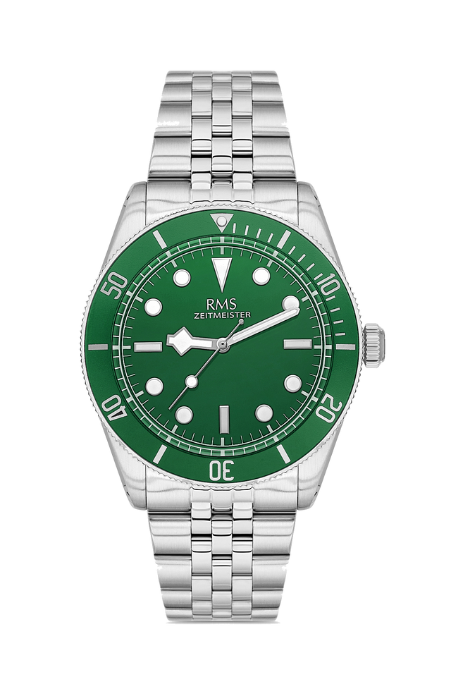 RMS Zeitmeister AG2192.19 men's watch with green dial, silver-tone case and stainless steel bracelet – front view