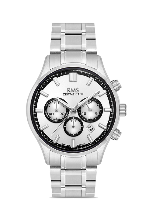 RMS Zeitmeister AG2196.10 men's watch with silver dial, silver-tone case and stainless steel bracelet – front view