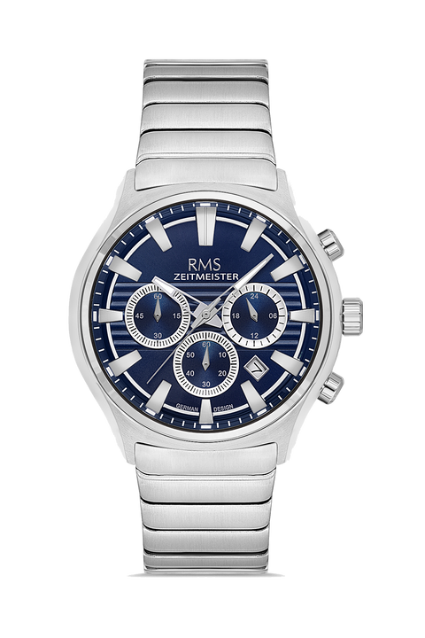 RMS Zeitmeister AG2201.13 men's watch with blue dial, silver-tone case and stainless steel bracelet – front view