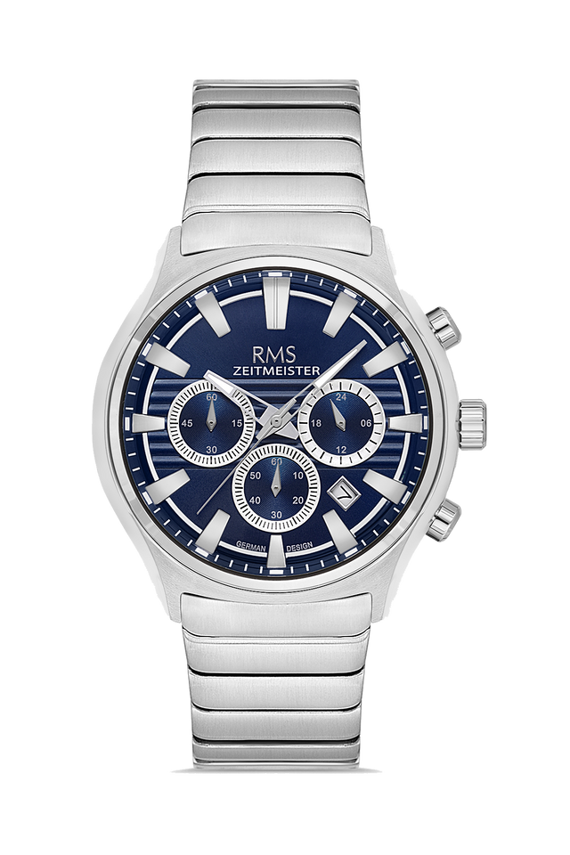 RMS Zeitmeister AG2201.13 men's watch with blue dial, silver-tone case and stainless steel bracelet – front view
