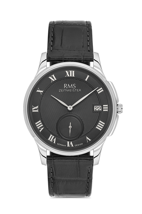 RMS Zeitmeister AG2215.92 men's watch with black dial, silver-tone case and black genuine leather strap – front view