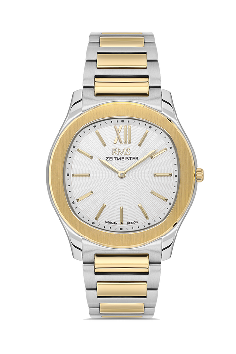 RMS Zeitmeister AG2218.40 men's watch with silver dial, two-tone case and stainless steel bracelet – front view