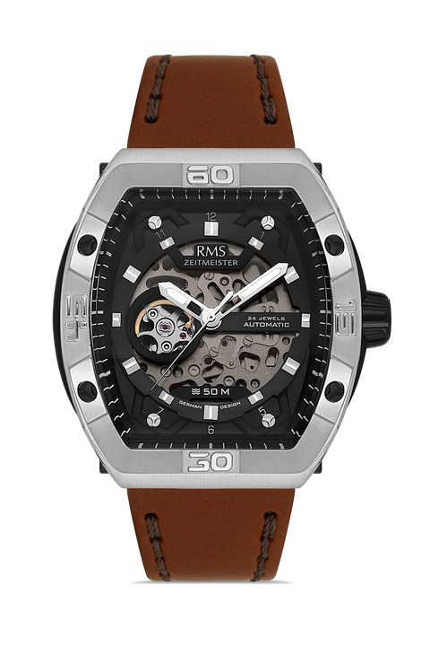 RMS Zeitmeister AG2235.112 men's automatic watch with black dial, silver-tone case and brown genuine leather strap – front view