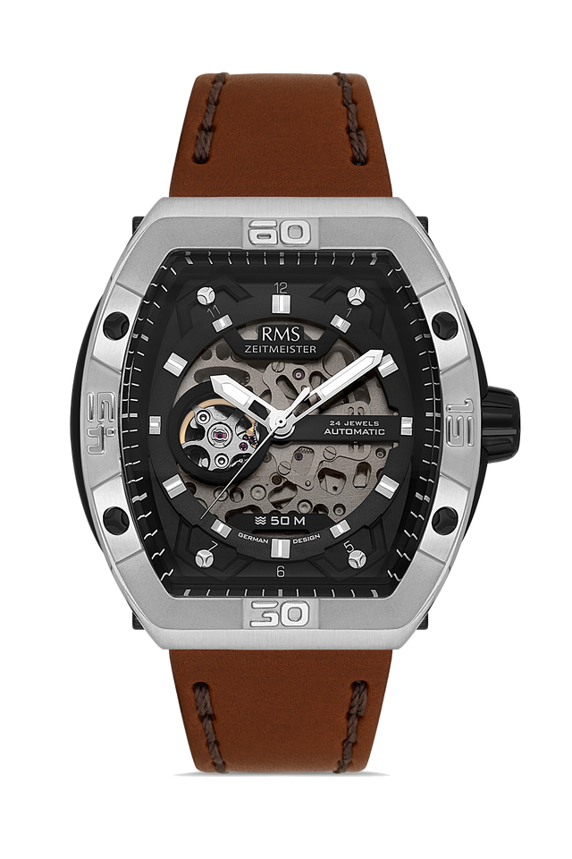 RMS Zeitmeister AG2235.112 men's automatic watch with black dial, silver-tone case and brown genuine leather strap – front view