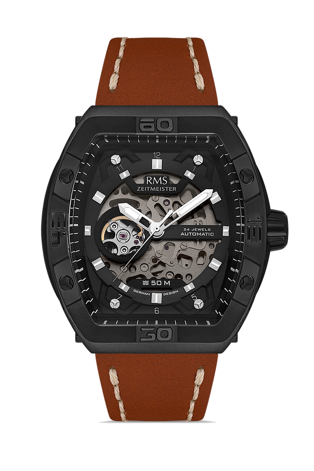 RMS Zeitmeister AG2235.202 men's automatic watch with black dial, black ion-plated case and brown genuine leather strap – front view