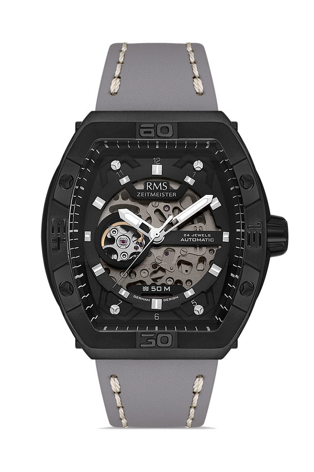 RMS Zeitmeister AG2235.232 men's automatic watch with black dial, black ion-plated case and gray genuine leather strap – front view