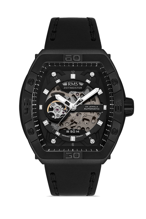 RMS Zeitmeister AG2235.62 men's automatic watch with black dial, black ion-plated case and black genuine leather strap – front view