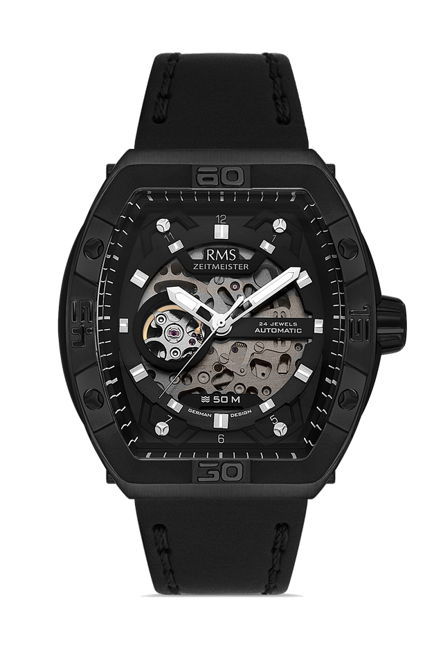 RMS Zeitmeister AG2235.62 men's automatic watch with black dial, black ion-plated case and black genuine leather strap – front view