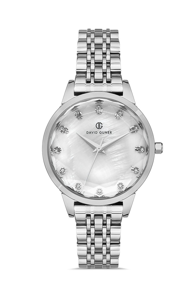 David Guner 8185LA-A1 women's watch with white mother-of-pearl dial, silver-tone case and stainless steel bracelet – front view