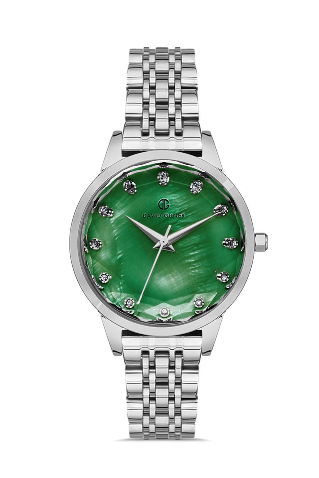 David Guner 8185LA-A10 women's watch with green mother-of-pearl dial, silver-tone case and stainless steel bracelet – front view