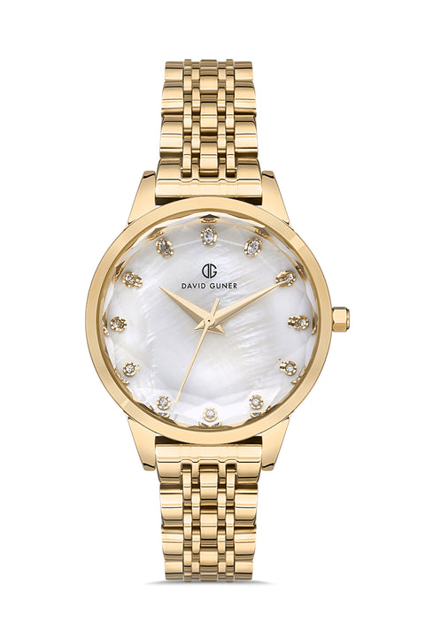 David Guner 8185LA-B1 women's watch with white mother-of-pearl dial, gold-tone case and stainless steel bracelet – front view