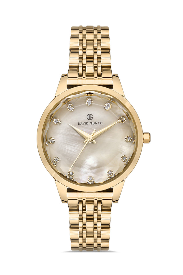 David Guner 8185LA-B4 women's watch with champagne mother-of-pearl dial, gold-tone case and stainless steel bracelet – front view
