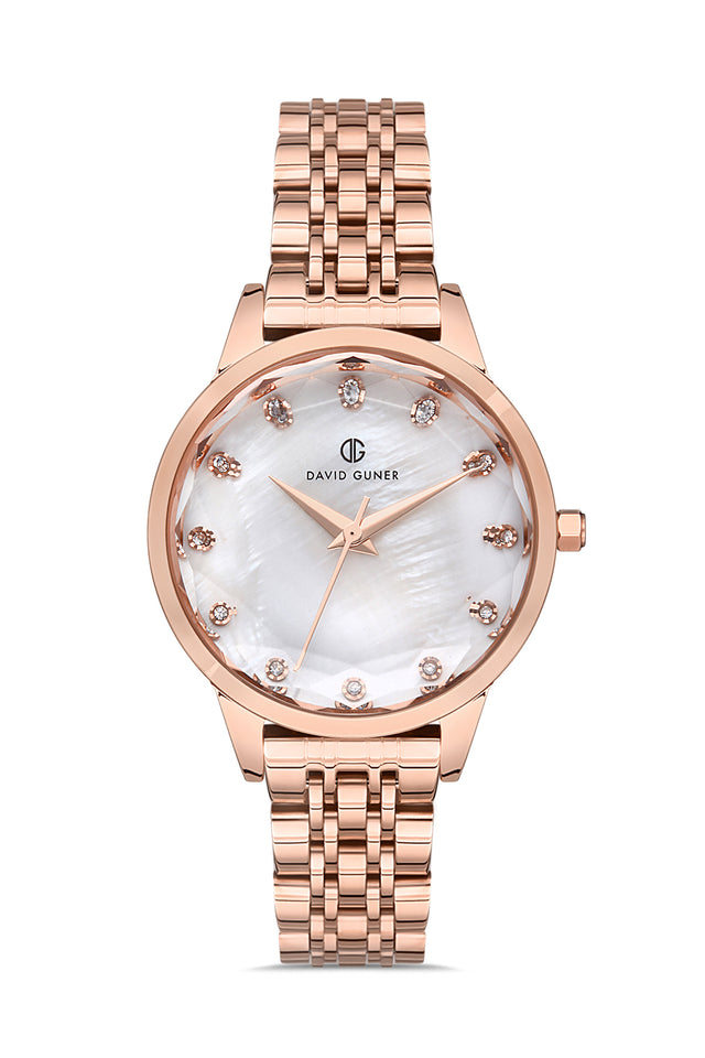 David Guner 8185LA-C1 women's watch with white mother-of-pearl dial, rose gold-tone case and stainless steel bracelet – front view