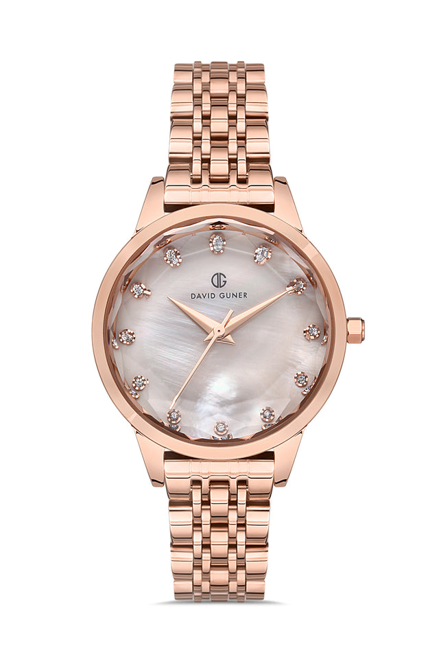 David Guner 8185LA-C5 women's watch with white mother-of-pearl dial, rose gold-tone case and stainless steel bracelet – front view