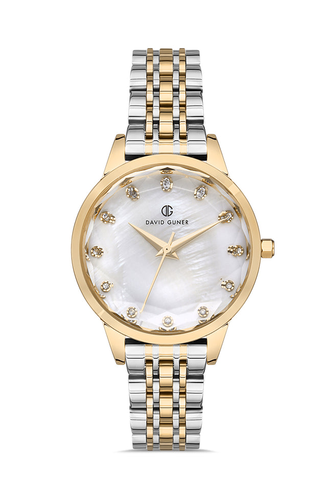 David Guner 8185LA-D1 women's watch with white mother-of-pearl dial, two-tone case and stainless steel bracelet – front view