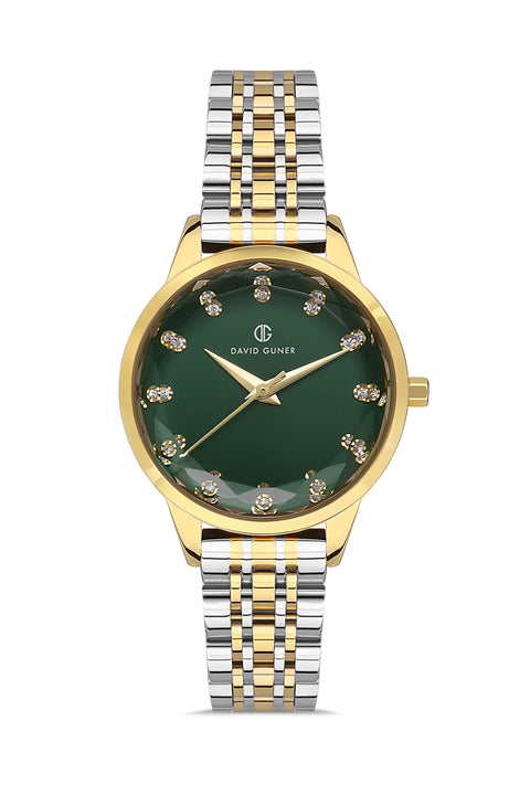 David Guner 8185LA-D10 women's watch with green dial, two-tone case and stainless steel bracelet – front view