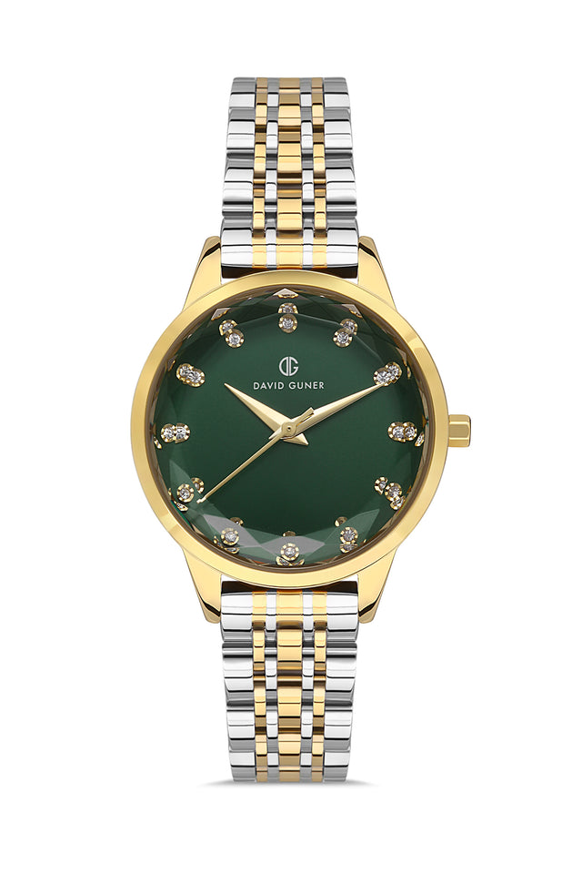 David Guner 8185LA-D10 women's watch with green dial, two-tone case and stainless steel bracelet – front view