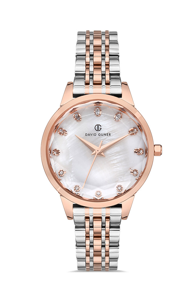 David Guner 8185LA-E1 women's watch with white mother-of-pearl dial, two-tone rose gold case and stainless steel bracelet – front view