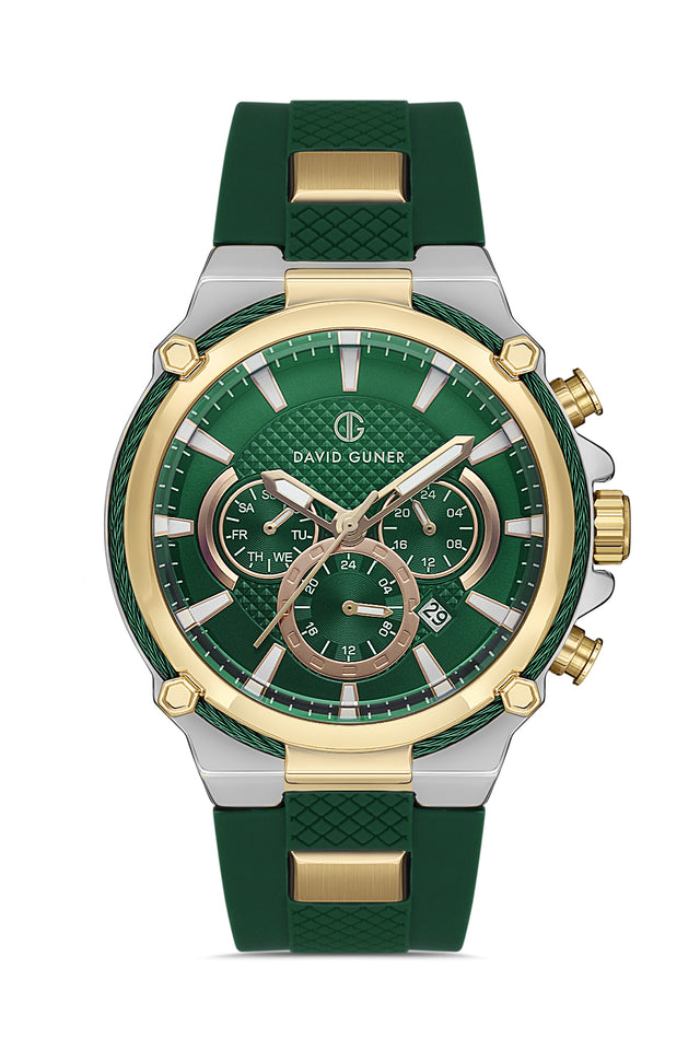 David Guner 8270GD-D10 men's watch with green dial, two-tone case and green silicone strap – front view