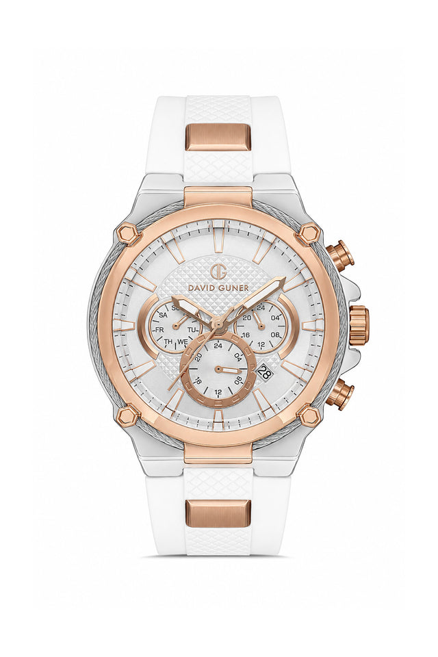 David Guner 8270GD-E1 men's watch with white dial, two-tone rose gold case and white silicone strap – front view