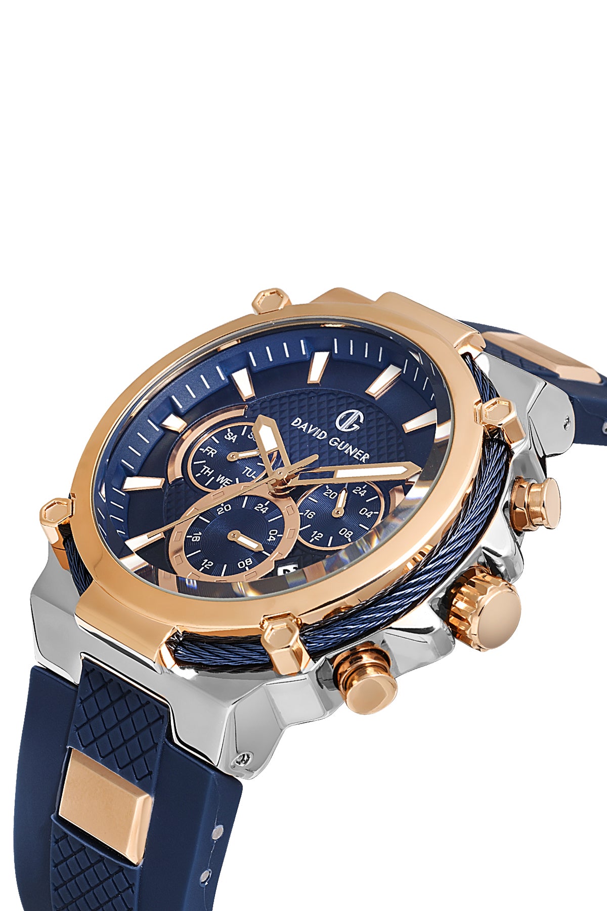 David Guner 8270GD-E3 men's watch with blue dial, two-tone rose gold case and blue silicone strap – angled view