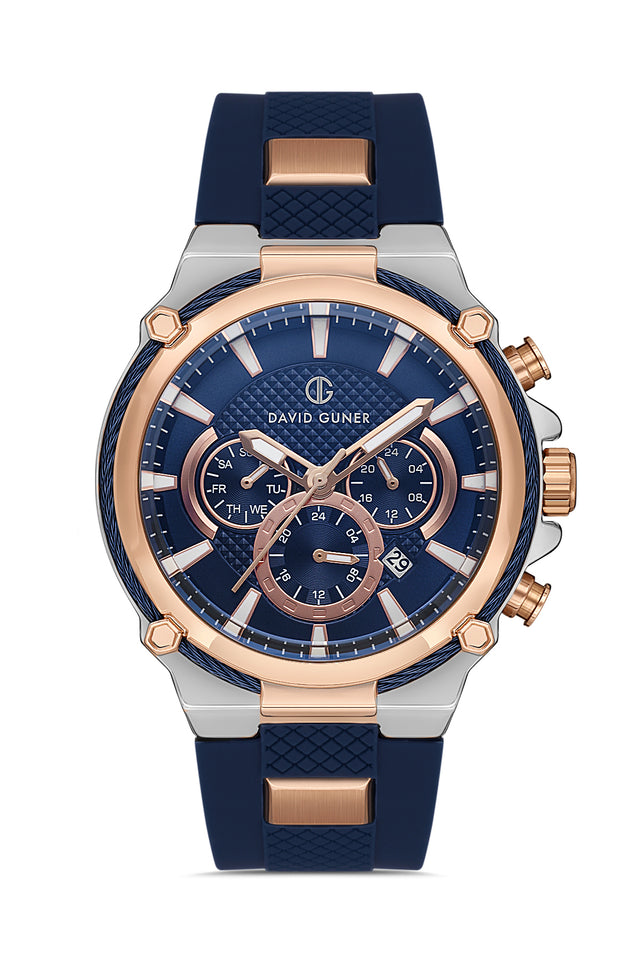 David Guner 8270GD-E3 men's watch with blue dial, two-tone rose gold case and blue silicone strap – front view