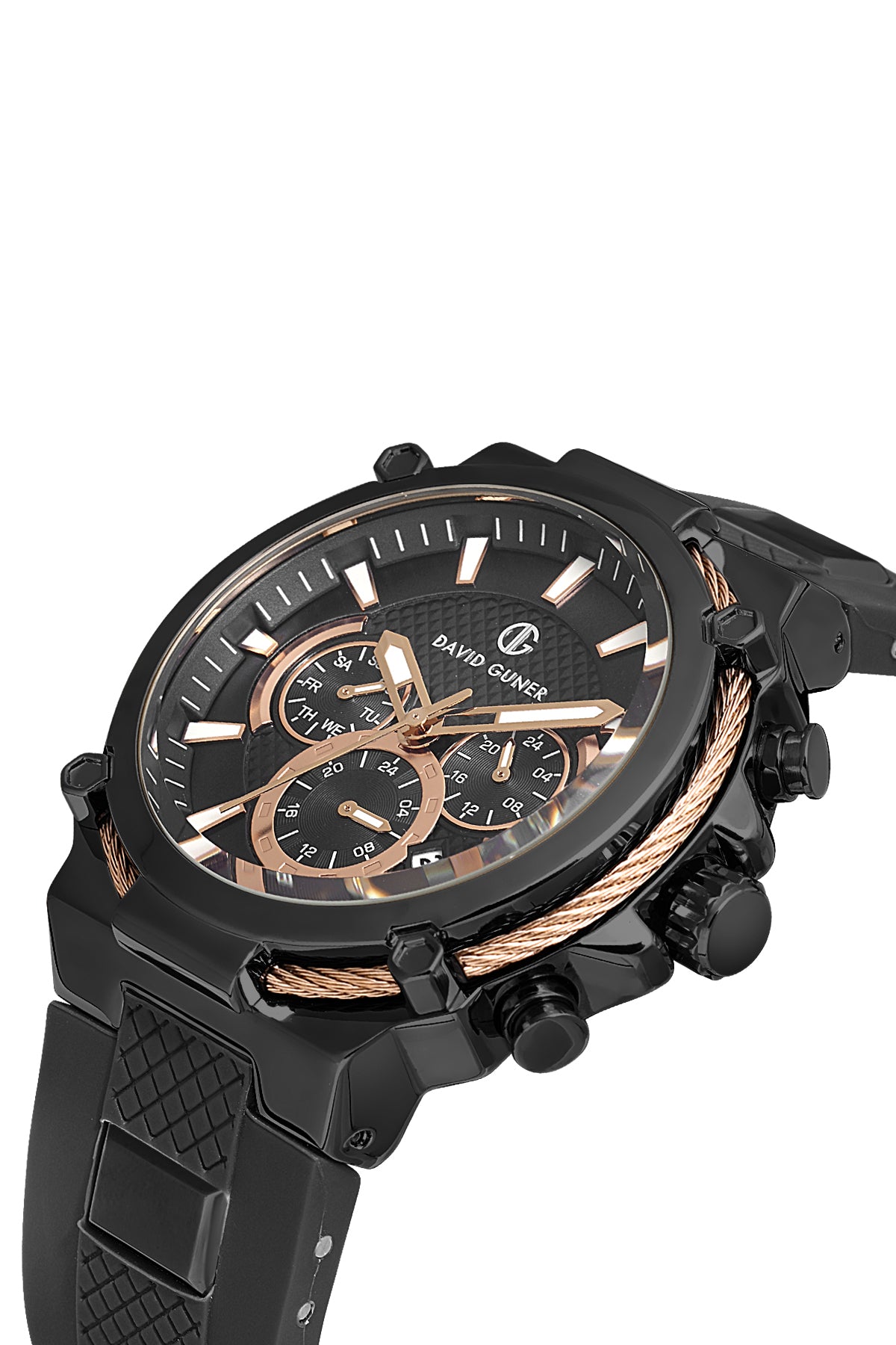David Guner 8270GD-G2 men's watch with black dial, black ion-plated case and black silicone strap – angled view