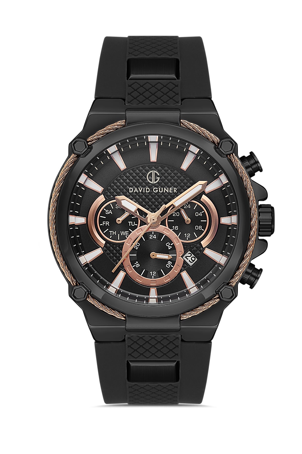 David Guner 8270GD-G2 men's watch with black dial, black ion-plated case and black silicone strap – front view