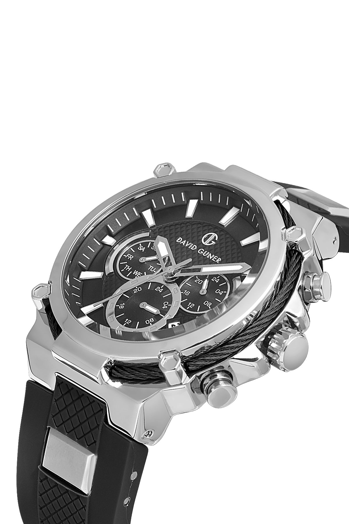 David Guner 8270GD-J2 men's watch with black dial, silver-tone case and black silicone strap – angled view