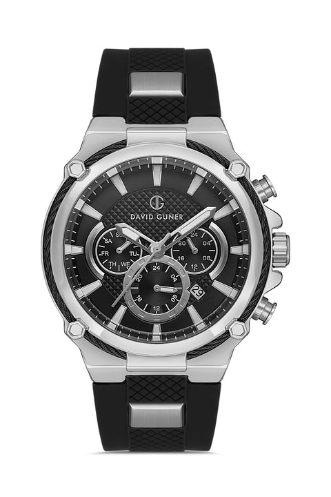 David Guner 8270GD-J2 men's watch with black dial, silver-tone case and black silicone strap – front view