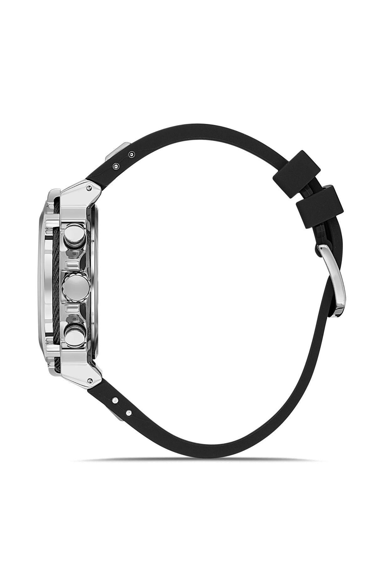 David Guner 8270GD-J2 men's watch with black dial, silver-tone case and black silicone strap – side view