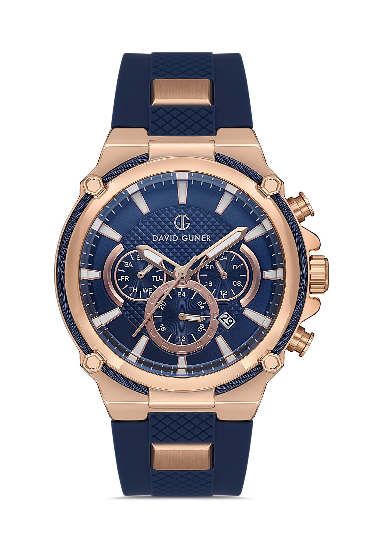 David Guner 8270GD-T3 men's watch with blue dial, rose gold-tone case and blue silicone strap – front view