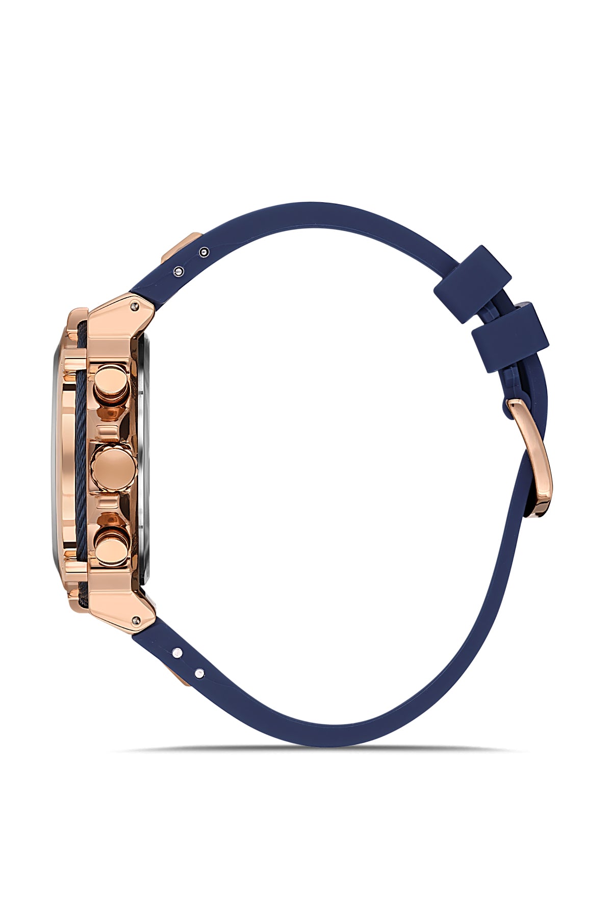 David Guner 8270GD-T3 men's watch with blue dial, rose gold-tone case and blue silicone strap – side view
