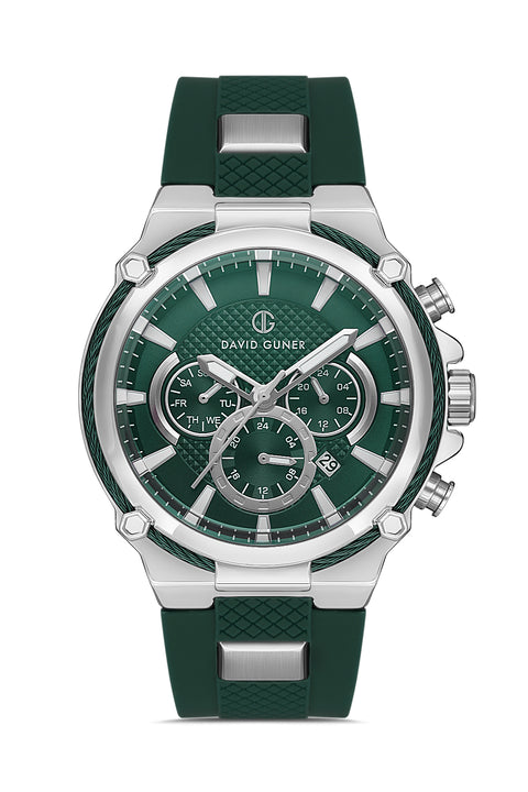 David Guner 8270GD-ZM10 men's watch with green dial, silver-tone case and green silicone strap – front view