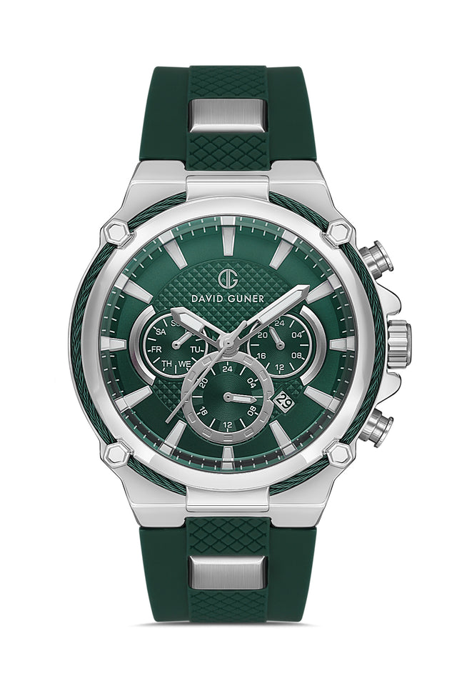 David Guner 8270GD-ZM10 men's watch with green dial, silver-tone case and green silicone strap – front view