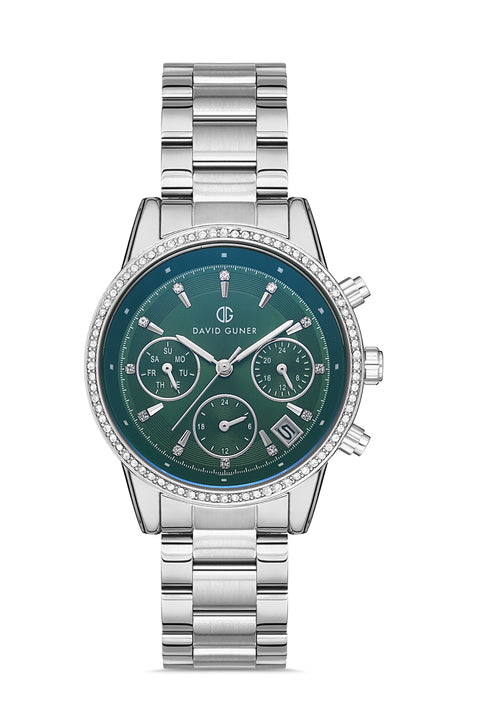 David Guner 8301LA-A10 women's watch with green dial, silver-tone case and stainless steel bracelet – front view