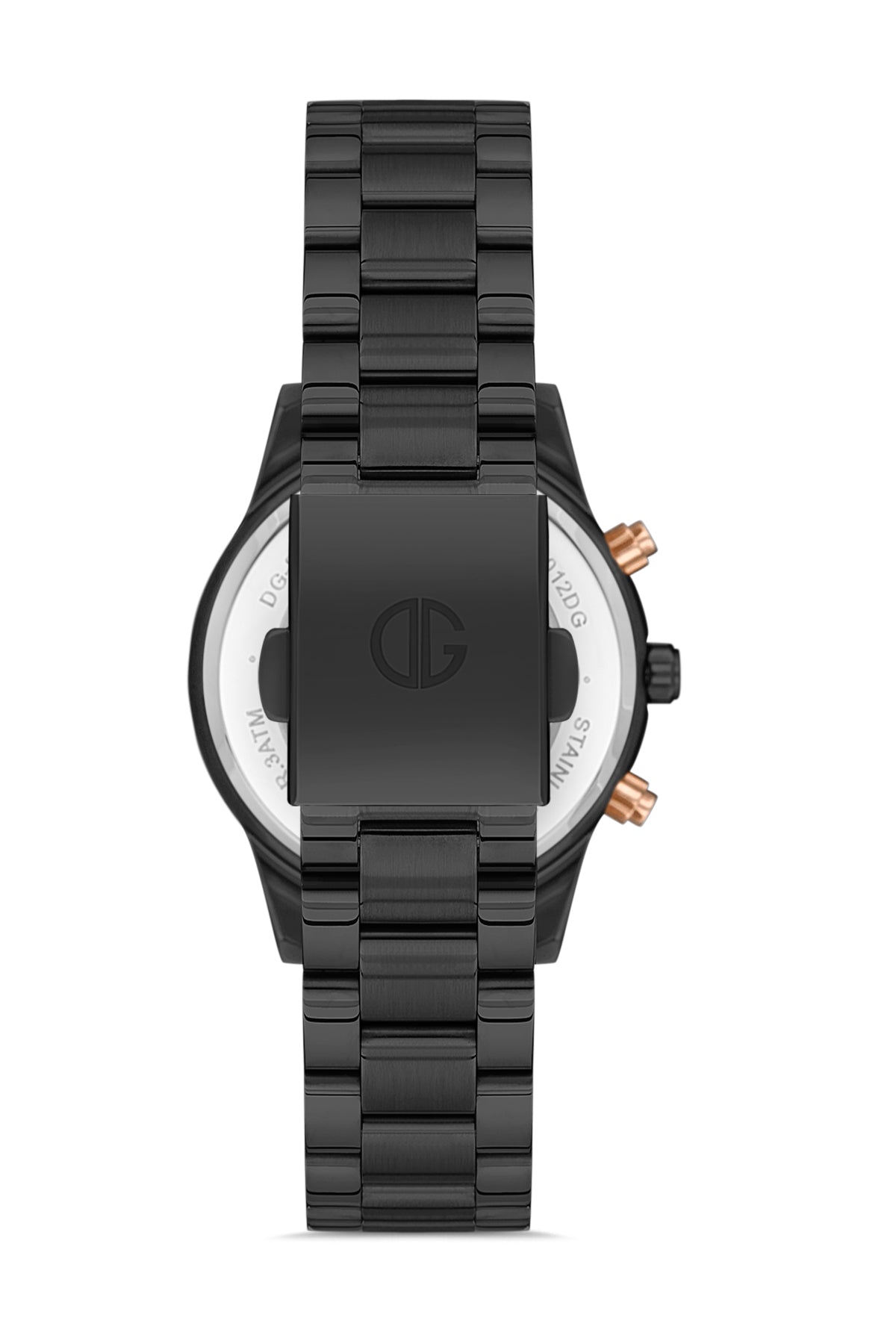 David Guner 8301LA-G2 women's watch with black dial, black ion-plated case and stainless steel bracelet – angled view