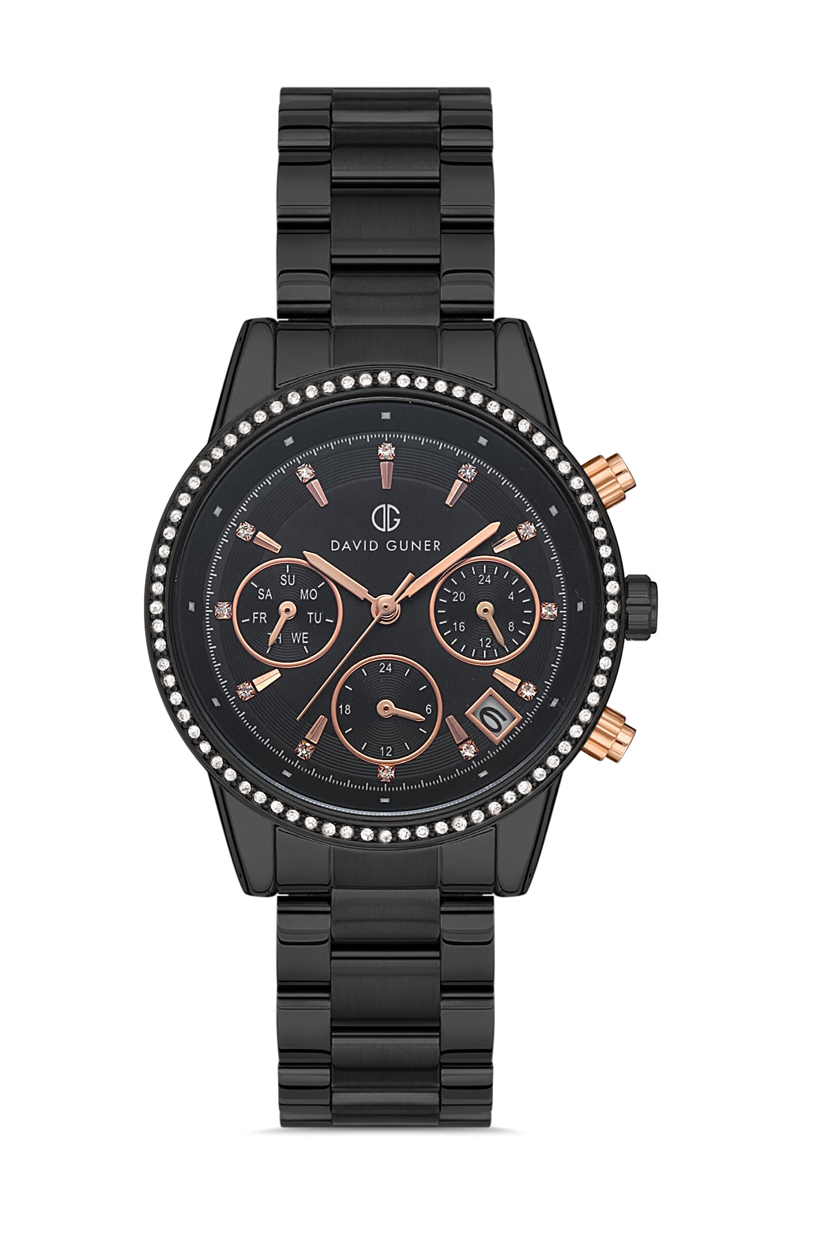 David Guner 8301LA-G2 women's watch with black dial, black ion-plated case and stainless steel bracelet – front view