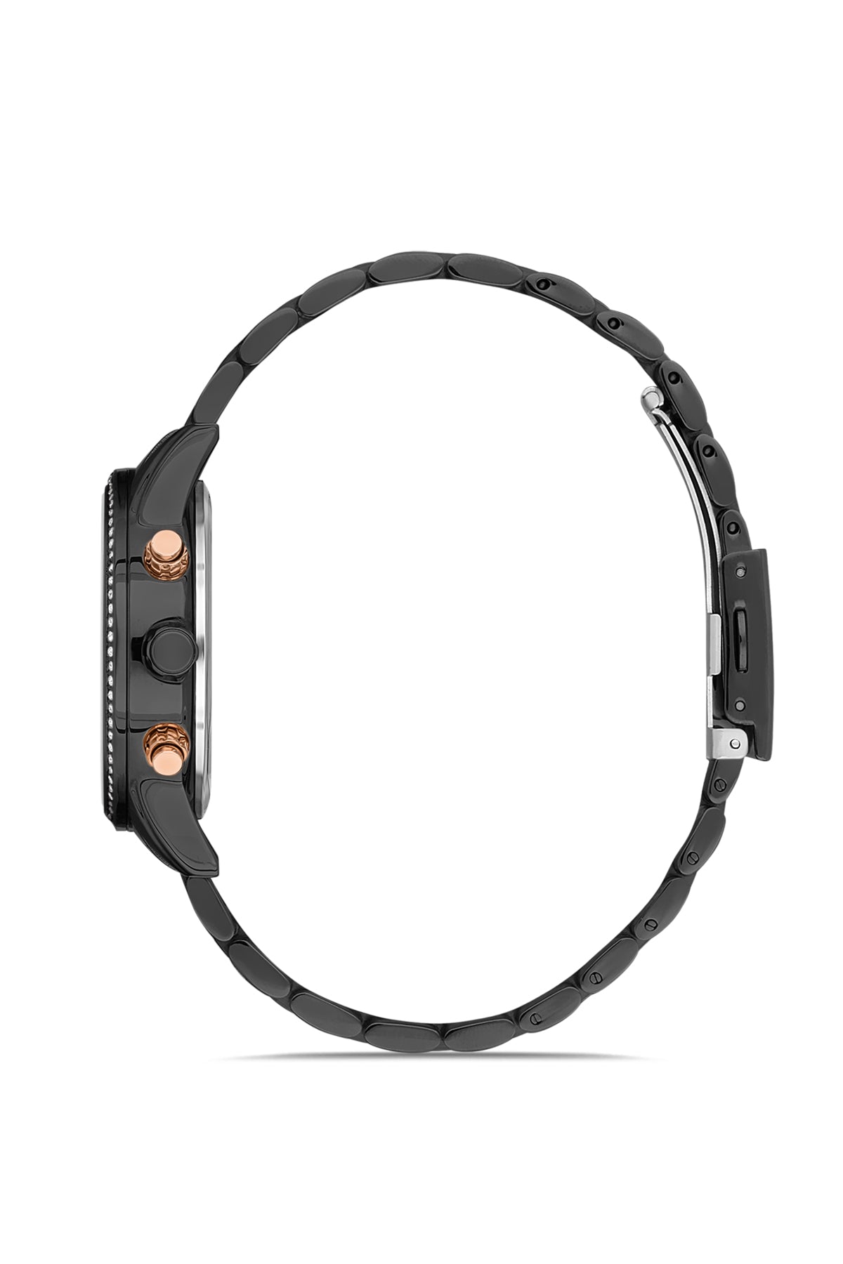 David Guner 8301LA-G2 women's watch with black dial, black ion-plated case and stainless steel bracelet – side view