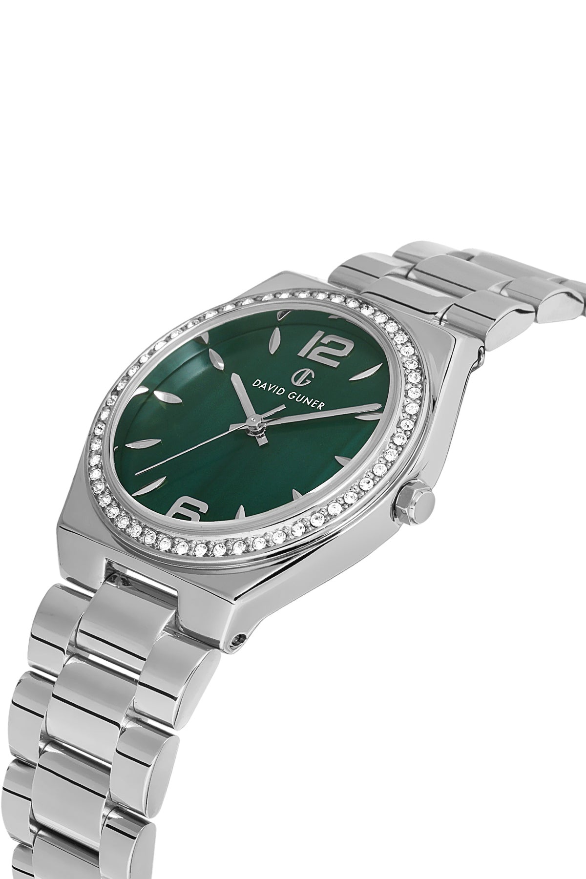 David Guner 8472LA-A10 women's watch with green dial, silver-tone case and stainless steel bracelet – angled view
