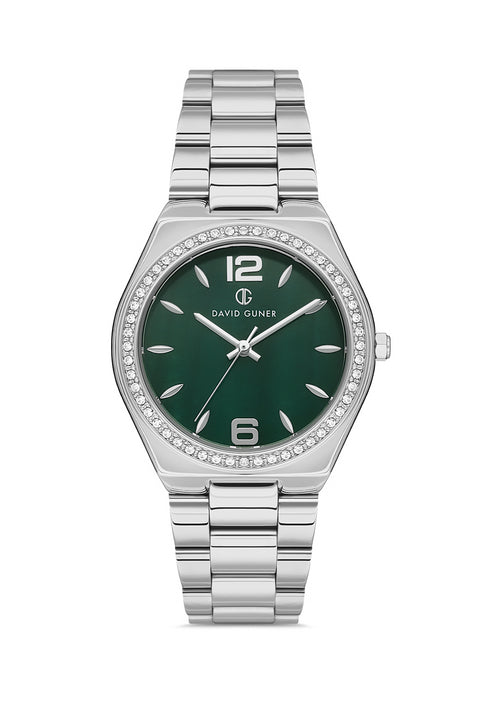 David Guner 8472LA-A10 women's watch with green dial, silver-tone case and stainless steel bracelet – front view