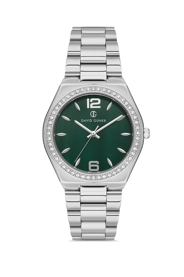 David Guner 8472LA-A10 women's watch with green dial, silver-tone case and stainless steel bracelet – front view