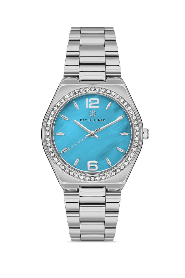 David Guner 8472LA-A15 women's watch with turquoise mother-of-pearl dial, silver-tone case and stainless steel bracelet – front view