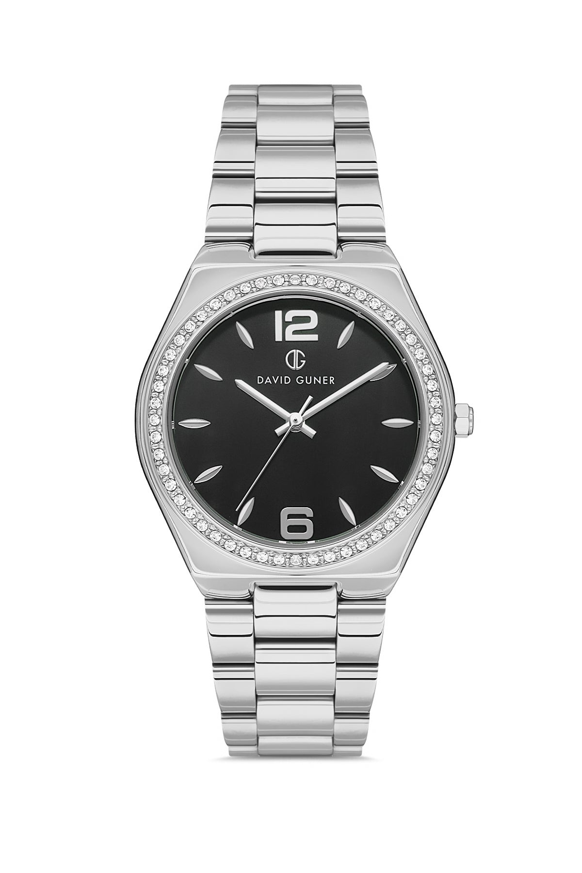 David Guner 8472LA-A2 women's watch with black dial, silver-tone case and stainless steel bracelet – front view