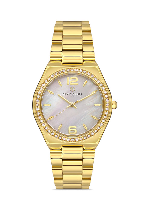 David Guner 8472LA-B1 women's watch with white mother-of-pearl dial, gold-tone case and stainless steel bracelet – front view