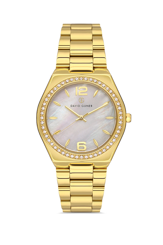 David Guner 8472LA-B1 women's watch with white mother-of-pearl dial, gold-tone case and stainless steel bracelet – front view