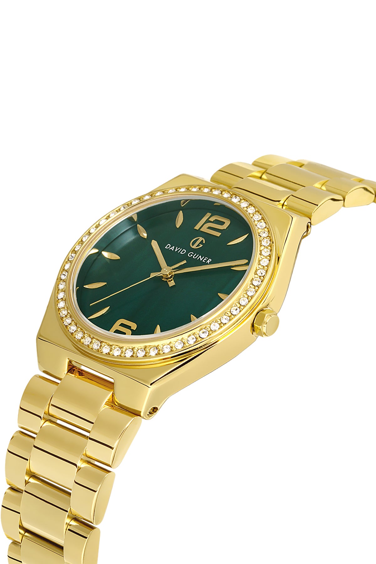 David Guner 8472LA-B10 women's watch with green dial, gold-tone case and stainless steel bracelet – angled view