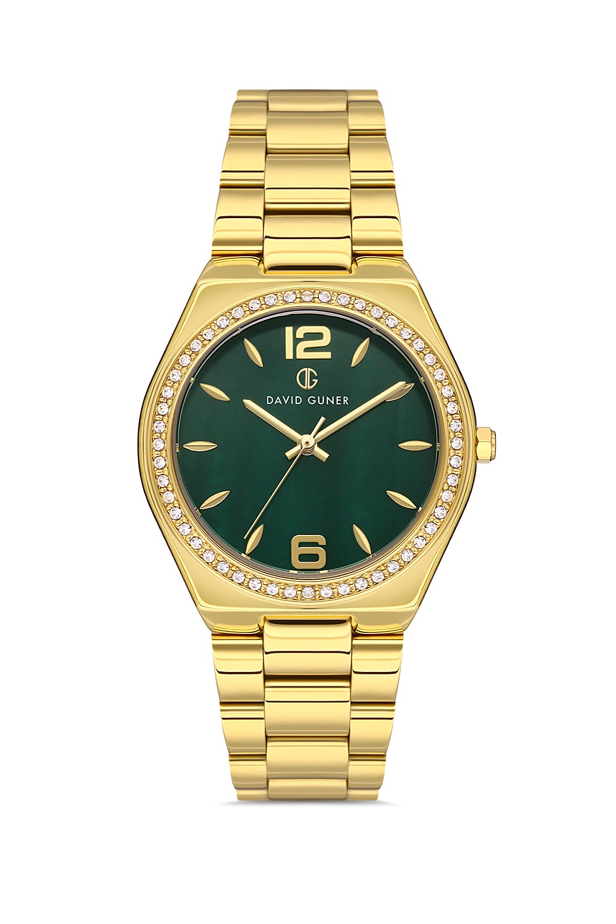 David Guner 8472LA-B10 women's watch with green dial, gold-tone case and stainless steel bracelet – front view