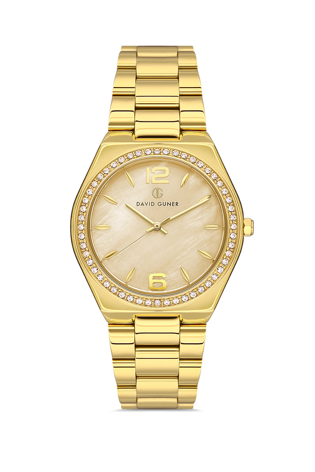 David Guner 8472LA-B4 women's watch with gold mother-of-pearl dial, gold-tone case and stainless steel bracelet – front view