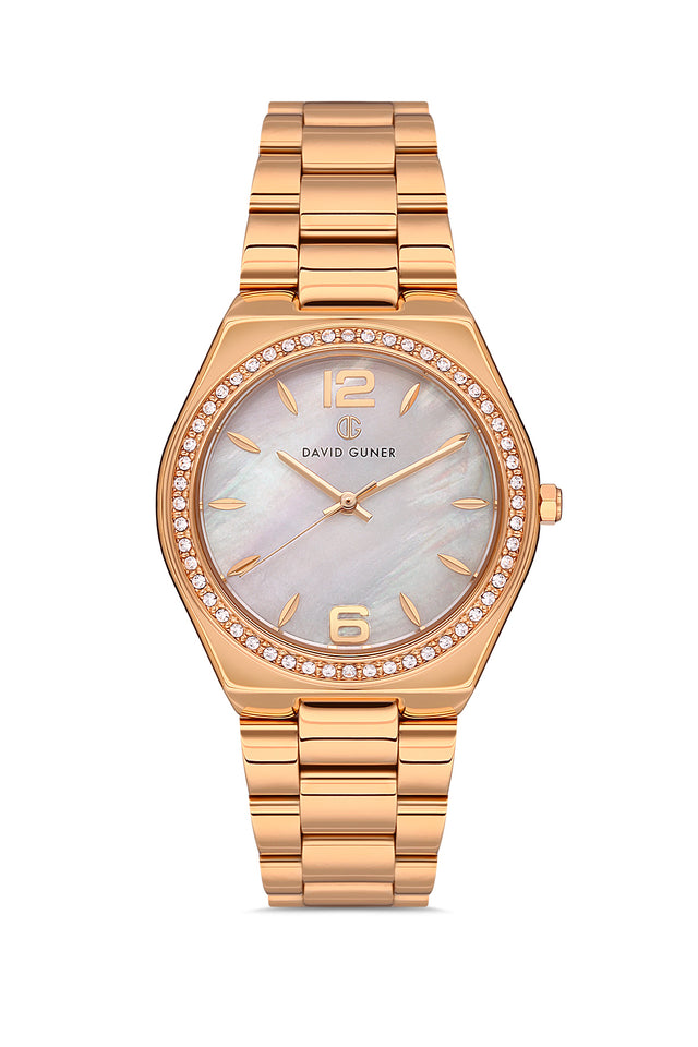 David Guner 8472LA-C1 women's watch with white mother-of-pearl dial, rose gold-tone case and stainless steel bracelet – front view
